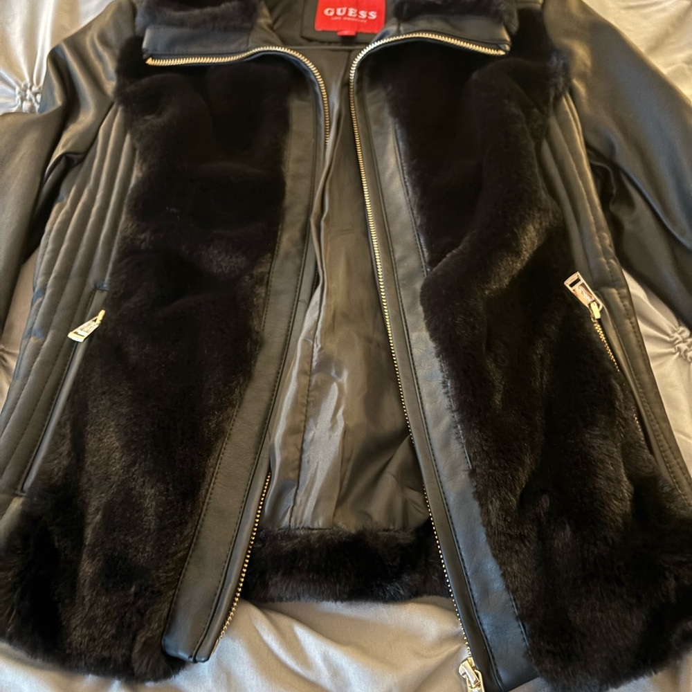 GUESS Black Leather Jacket with Faux Fur - Picture 2 of 4